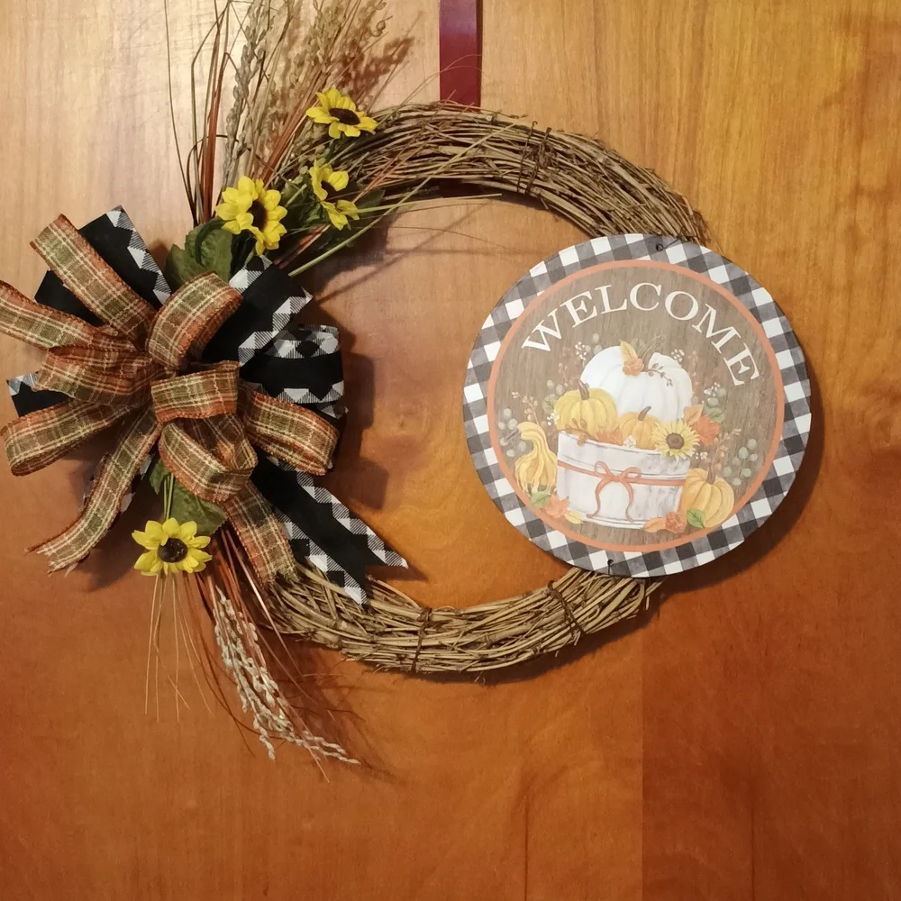 Rustic Welcome Wreath with Plaid Bow and Sunflowers